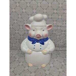 Adorable Chef Pig Cookie Jar Ceramic Blue Scarf Kitchen Decor Novelty